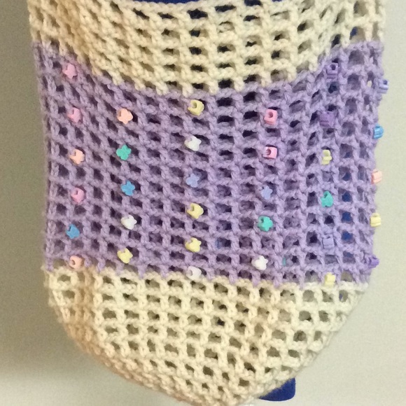 Purple & off white handmade beaded market tote - Picture 2 of 4